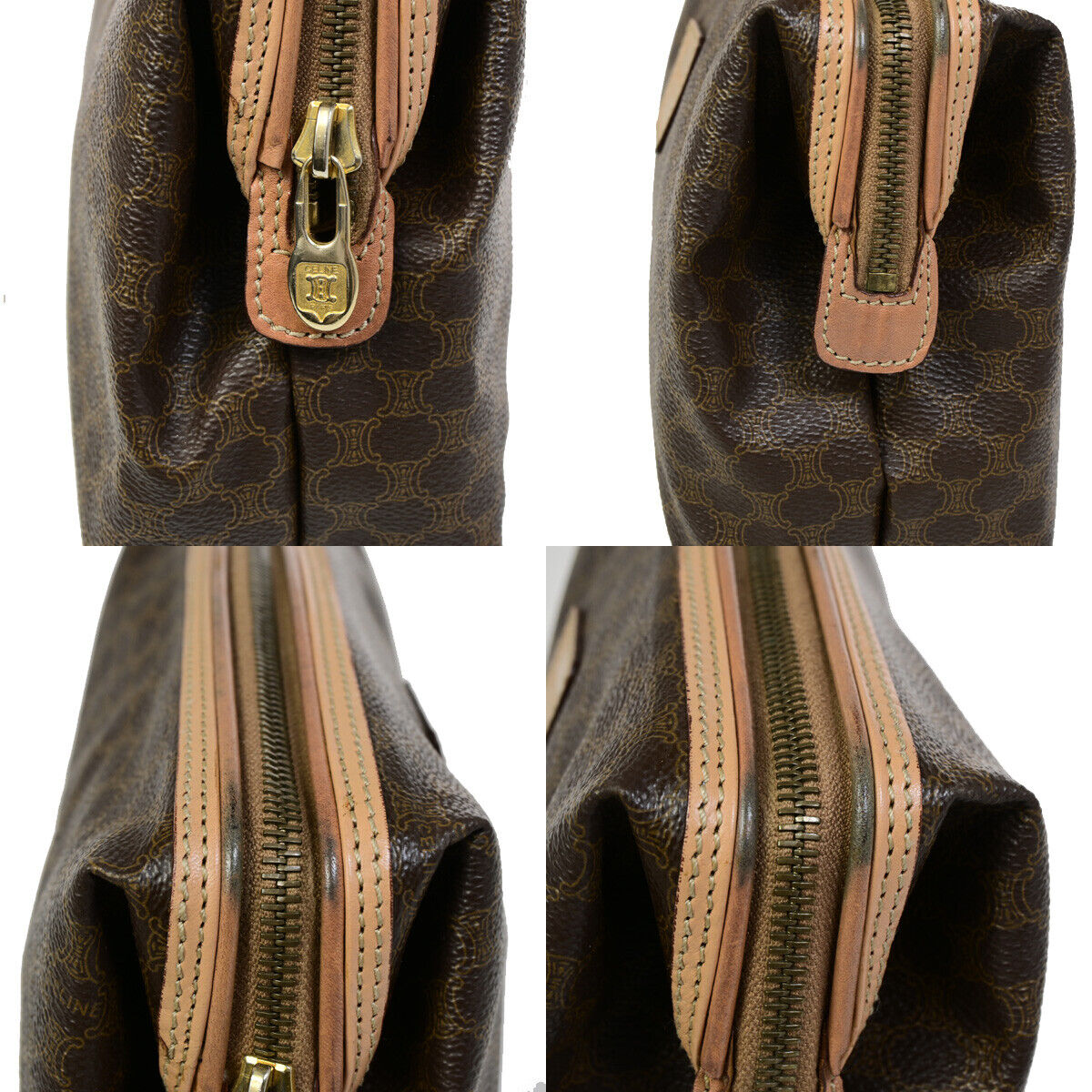 CELINE Logo Macadam Pattern Pouch Hand Bag PVC Leather Brown GHW 04SJ099