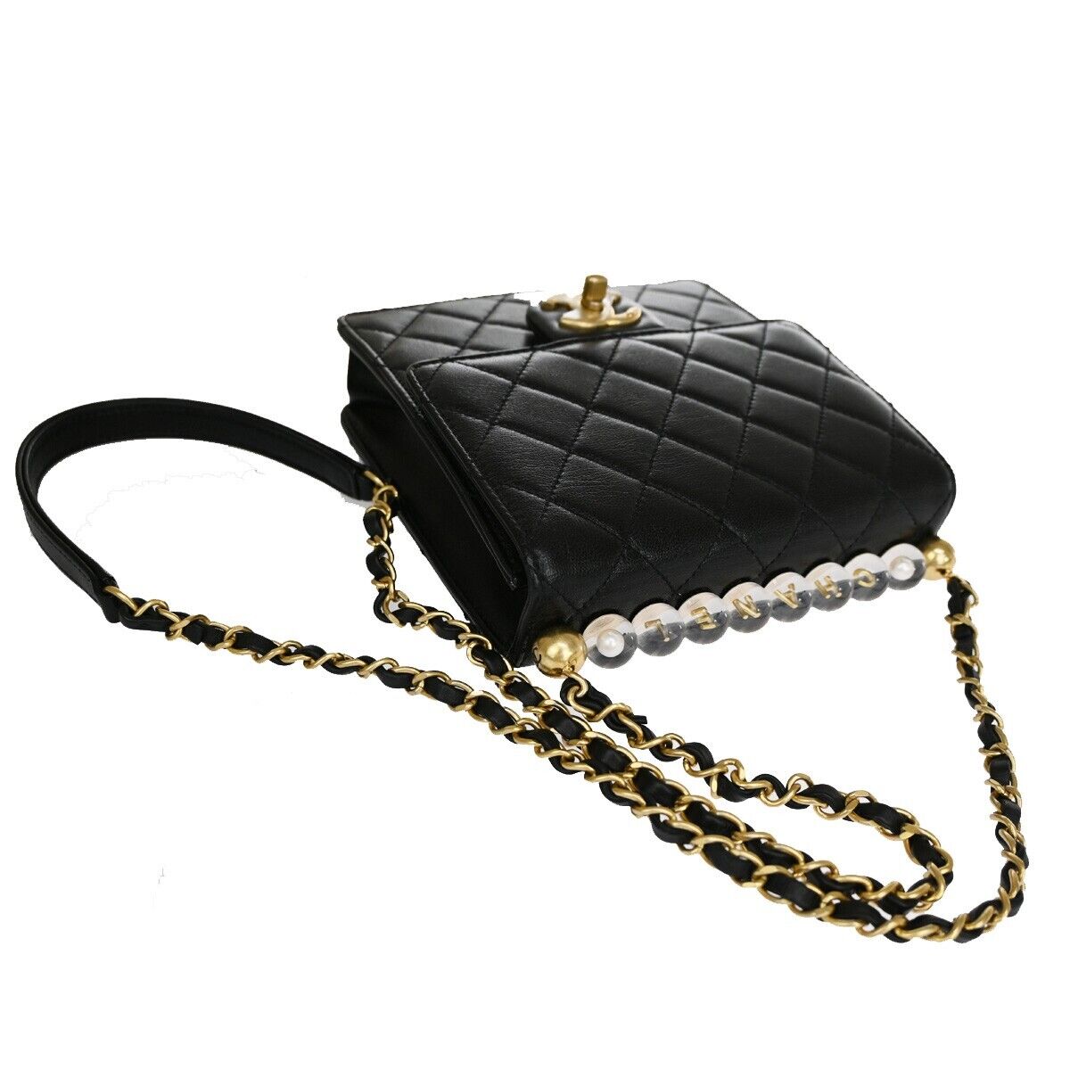 CHANEL CC Mini Matelasse Imitation Pearl Chain Shoulder Bag Leather BK 870RJ441