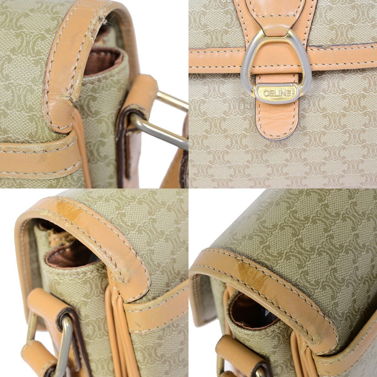 CELINE Logo Macadam Pattern Shoulder Bag PVC Leather Beige Italy 68EB396