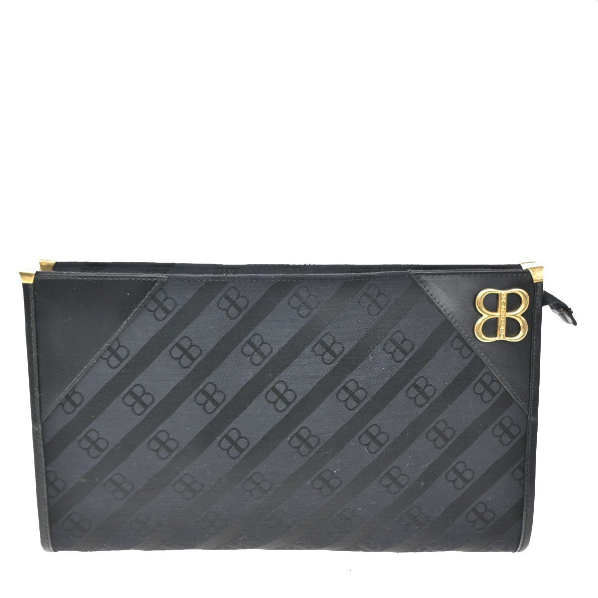 BALENCIAGA BB Logo Clutch Hand Bag Canvas Leather Black Gold Italy 07TA425