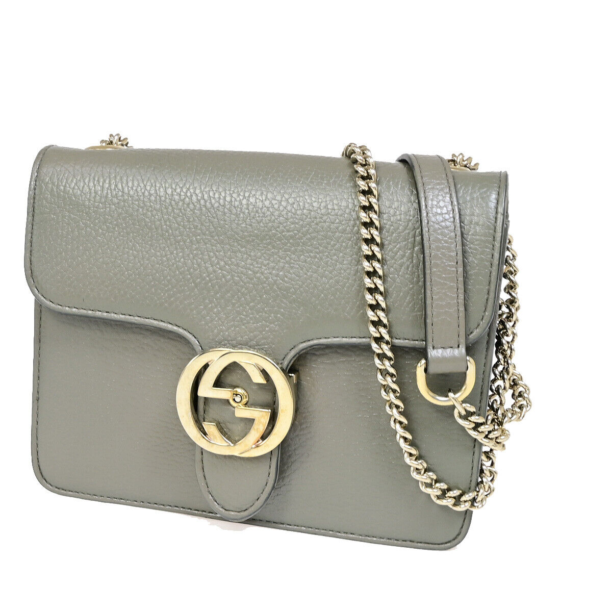 GUCCI Logo Interlocking G Chain Shoulder Bag Leather Gray GHW Italy 52YF630