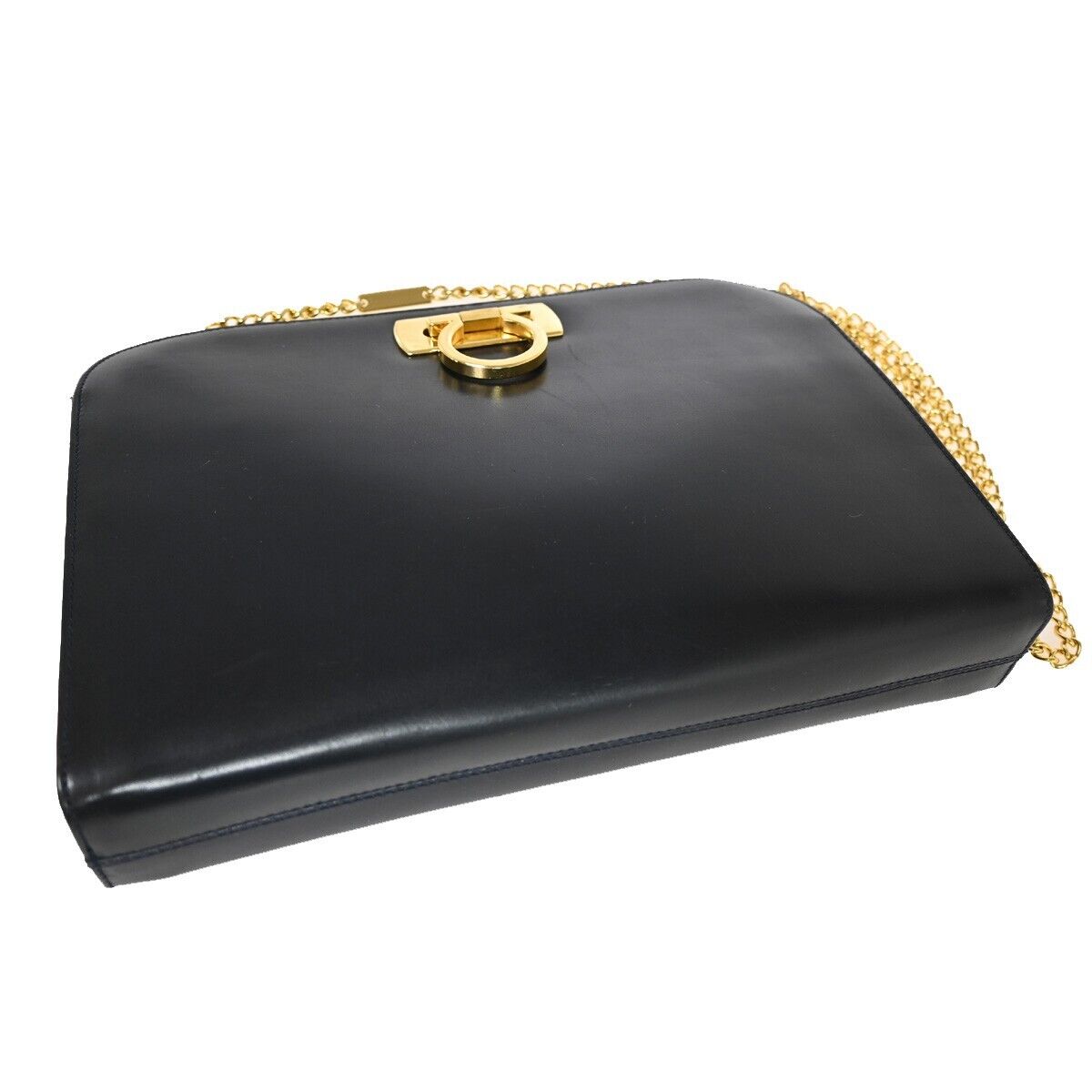 SALVATORE FERRAGAMO Chain Gancini Shoulder Bum Bag Leather Navy Gold 60SH362