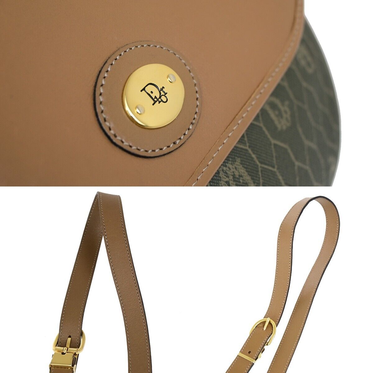 CHRISTIAN DIOR Logos Honeycomb Shoulder Bag PVC Leather Brown Gold 36FB184