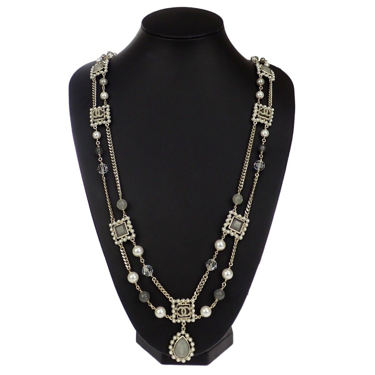 CHANEL CC Imitation Pearl Chain Long Necklace Color Stone G21V Gold 685LC023