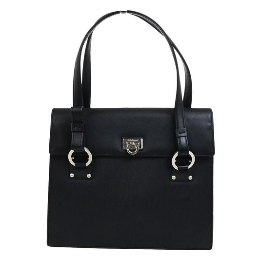 SALVATORE FERRAGAMO Gancini Hand Bag Leather Black Silver Made in Italy 62KA537