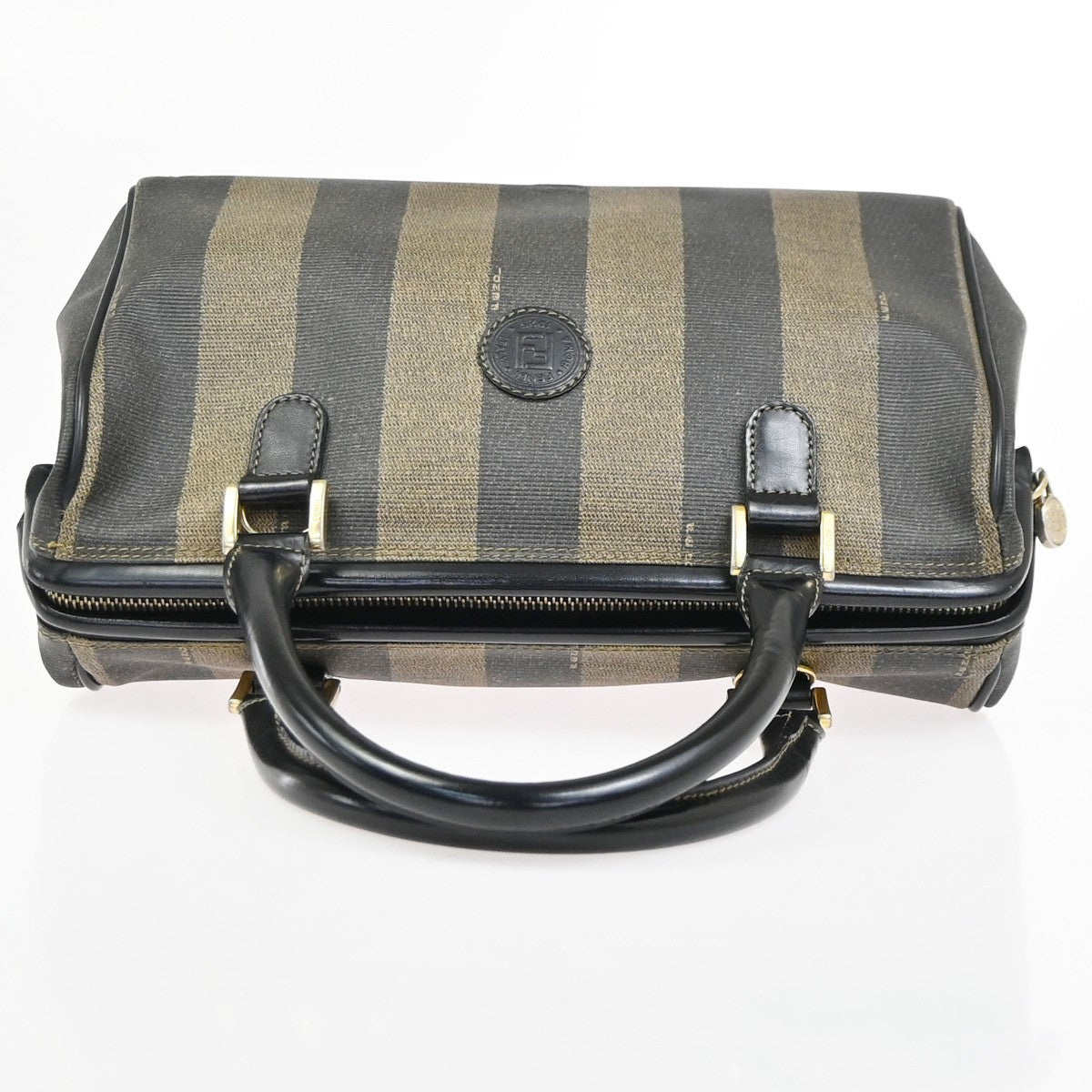 FENDI Logo Pequin Mini Boston Hand Bag PVC Leather Black Khaki GHW Italy 32YH898