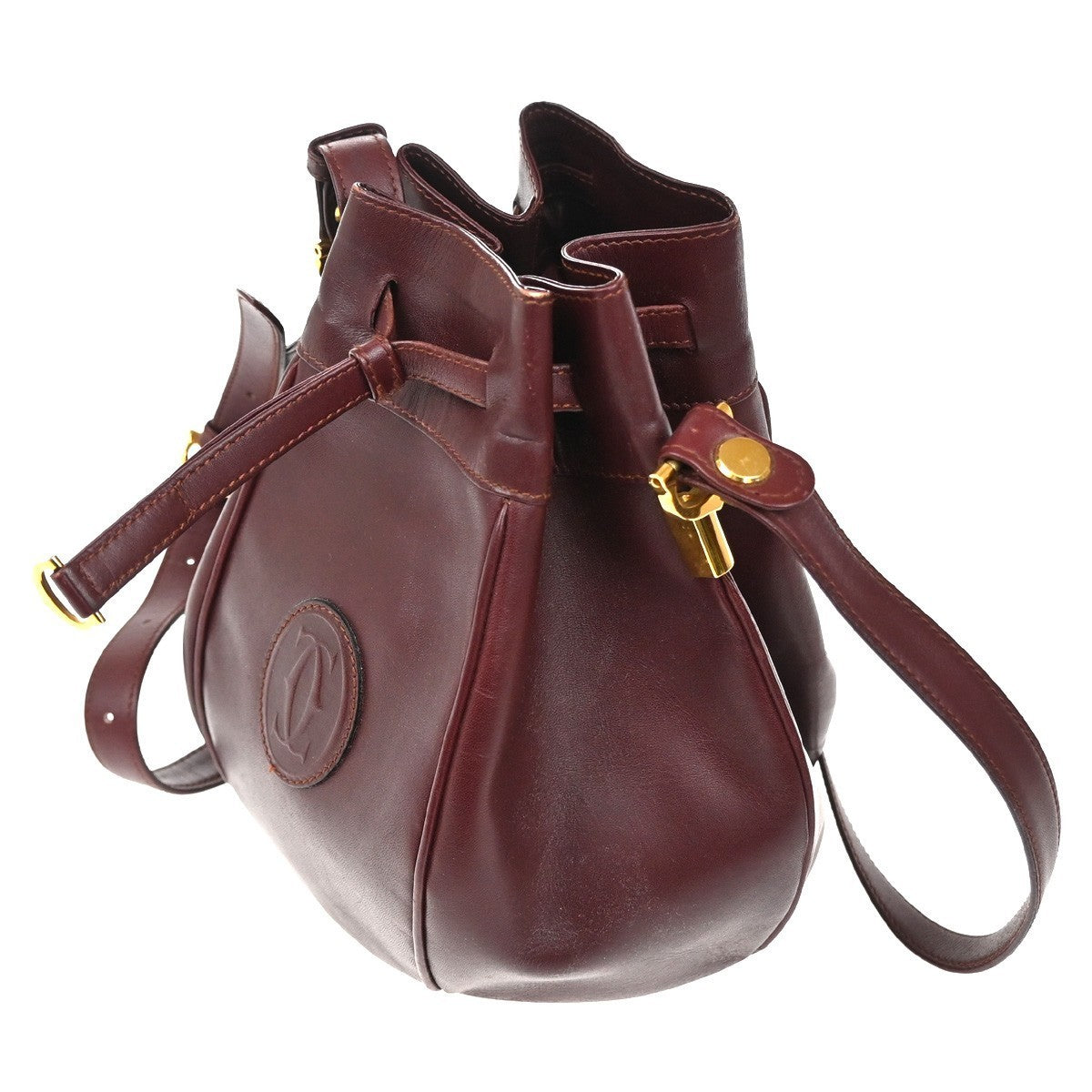MUST DE CARTIER 2C Logo Drawstring Shoulder Bag Leather Red Gold 67TA426