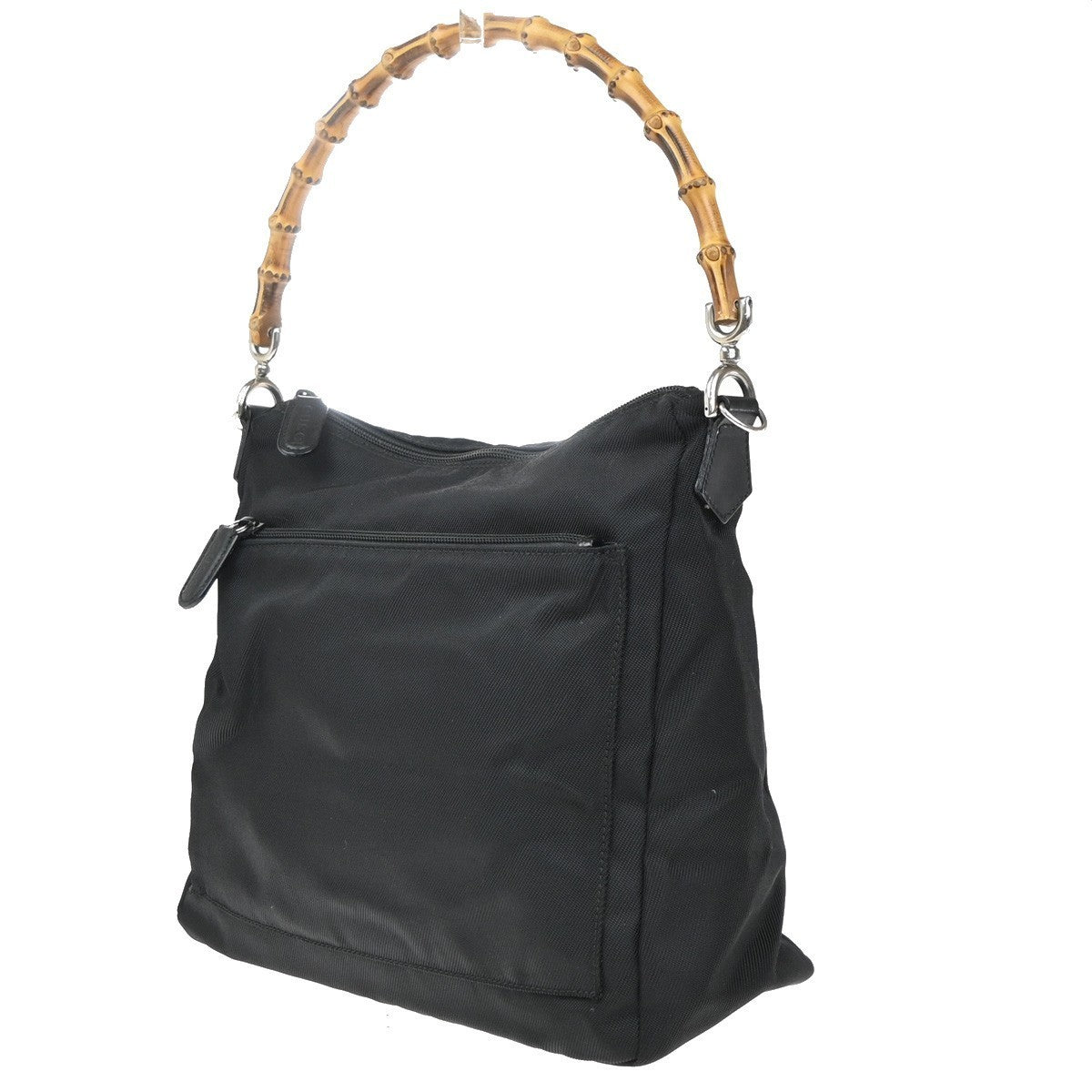 GUCCI Logo Bamboo Shoulder Hand Bag Nylon Leather Black Italy 68EG324