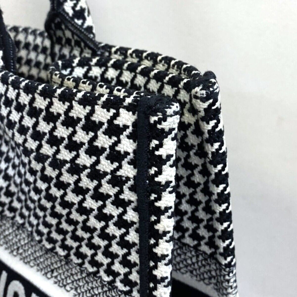 CHRISTIAN DIOR Book Tote Medium Hand Bag Houndstooth Canvas Leather BK 307LC341