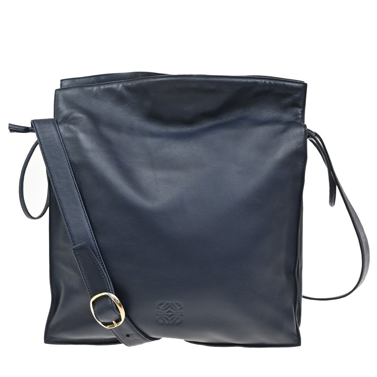 LOEWE Logo Anagram Drawstring Shoulder Bag Leather Blue GHW Spain 34YH784
