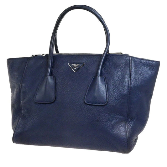 PRADA Milano Logo Shoulder Hand Bag Leather Navy Blue SHW Italy 31ED928
