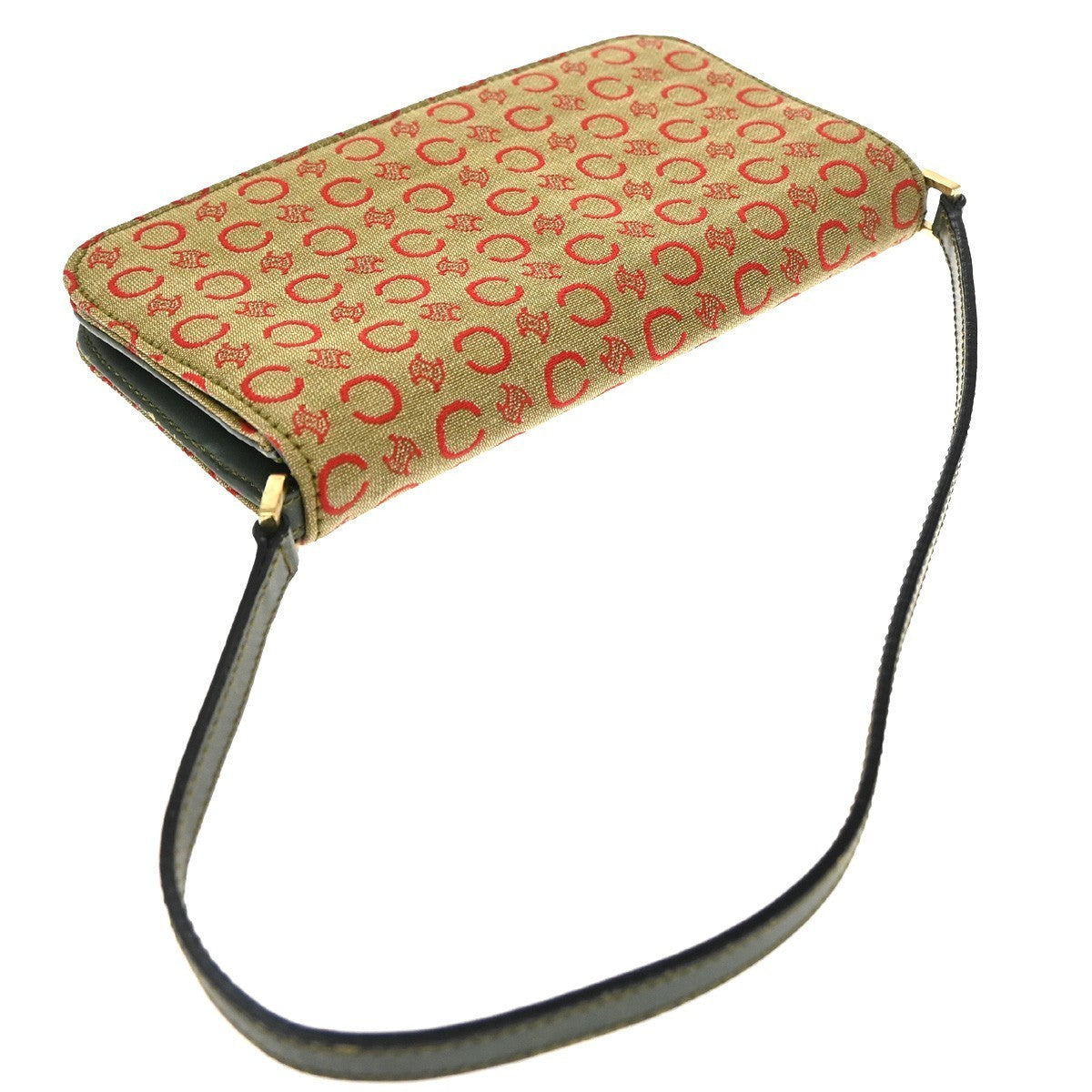 CELINE C Macadam Mini Shoulder Hand Bag Canvas Leather Green GHW 38TA468