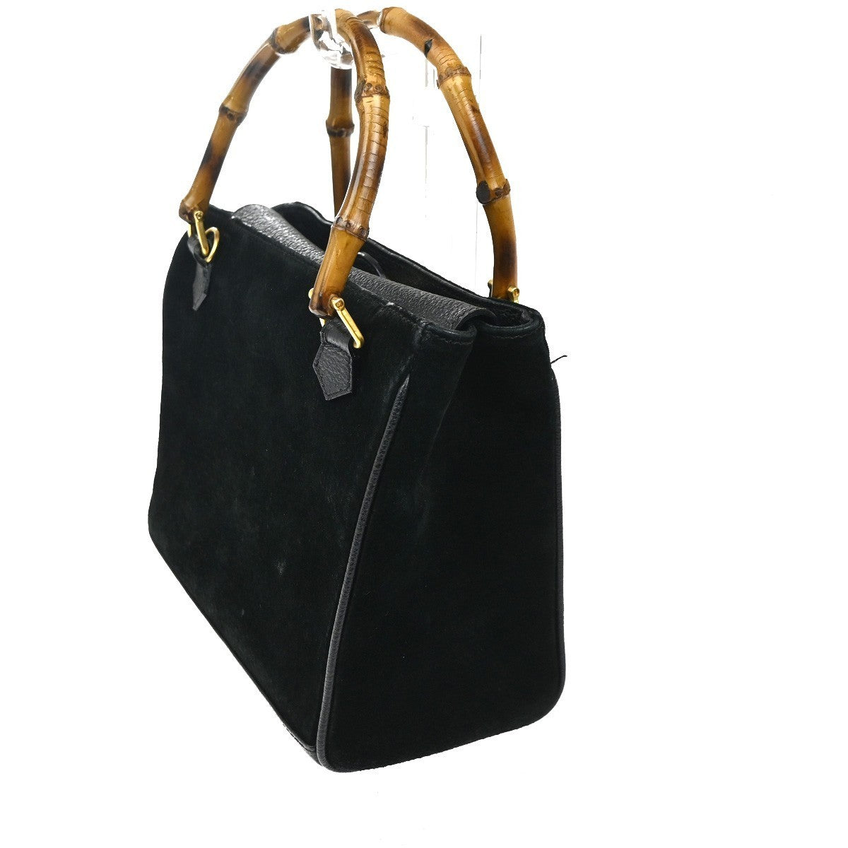 GUCCI Logo Bamboo 2Way Shoulder Hand Bag Suede Leather Black GHW Italy 86TA526