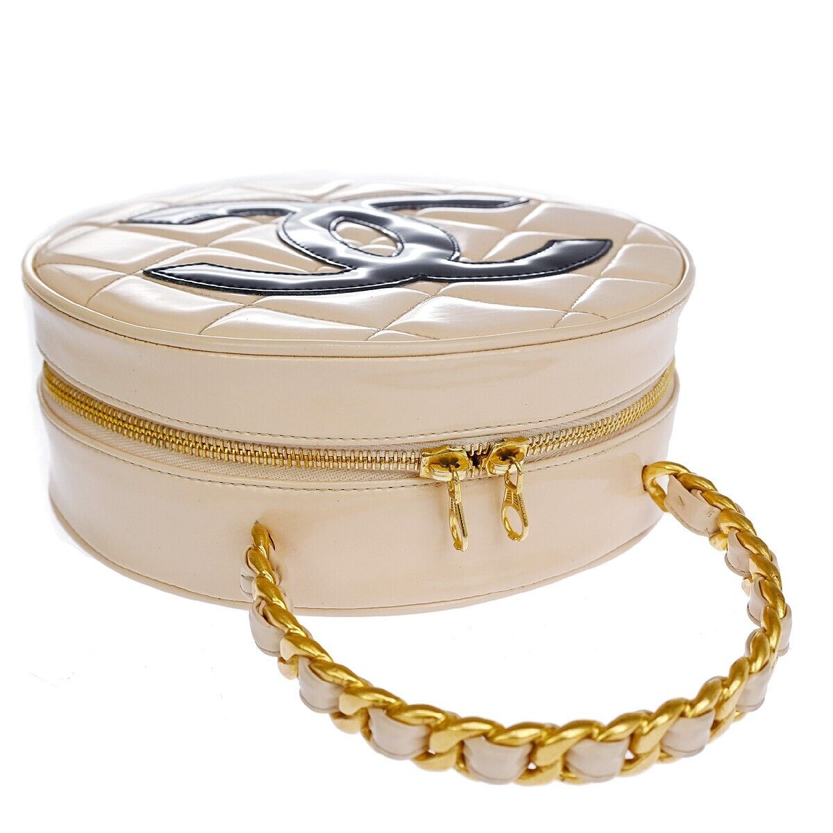 CHANEL CC Matelasse Round Vanity Chain Hand Bag Patent Leather Beige 6600LC414