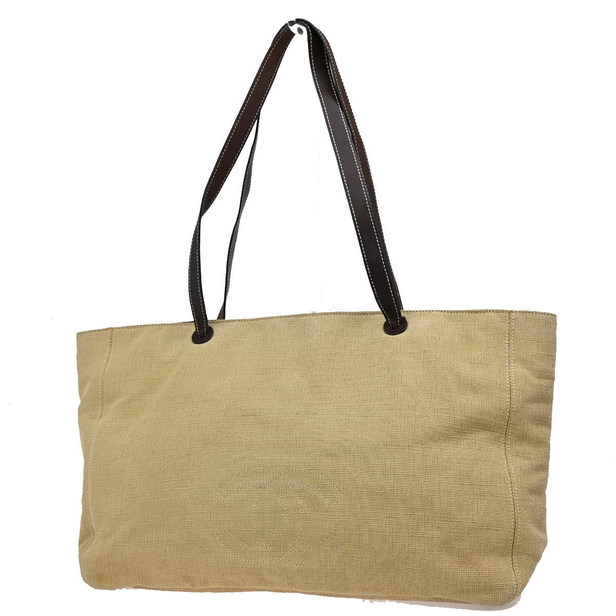 1.Live CHANEL CC Shoulder Tote Bag Canvas Leather Beige Brown Vintage 77KP040