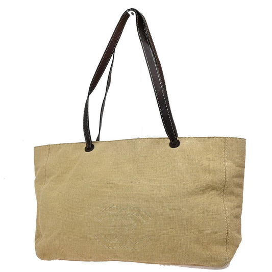 1.Live CHANEL CC Shoulder Tote Bag Canvas Leather Beige Brown Vintage 77KP040