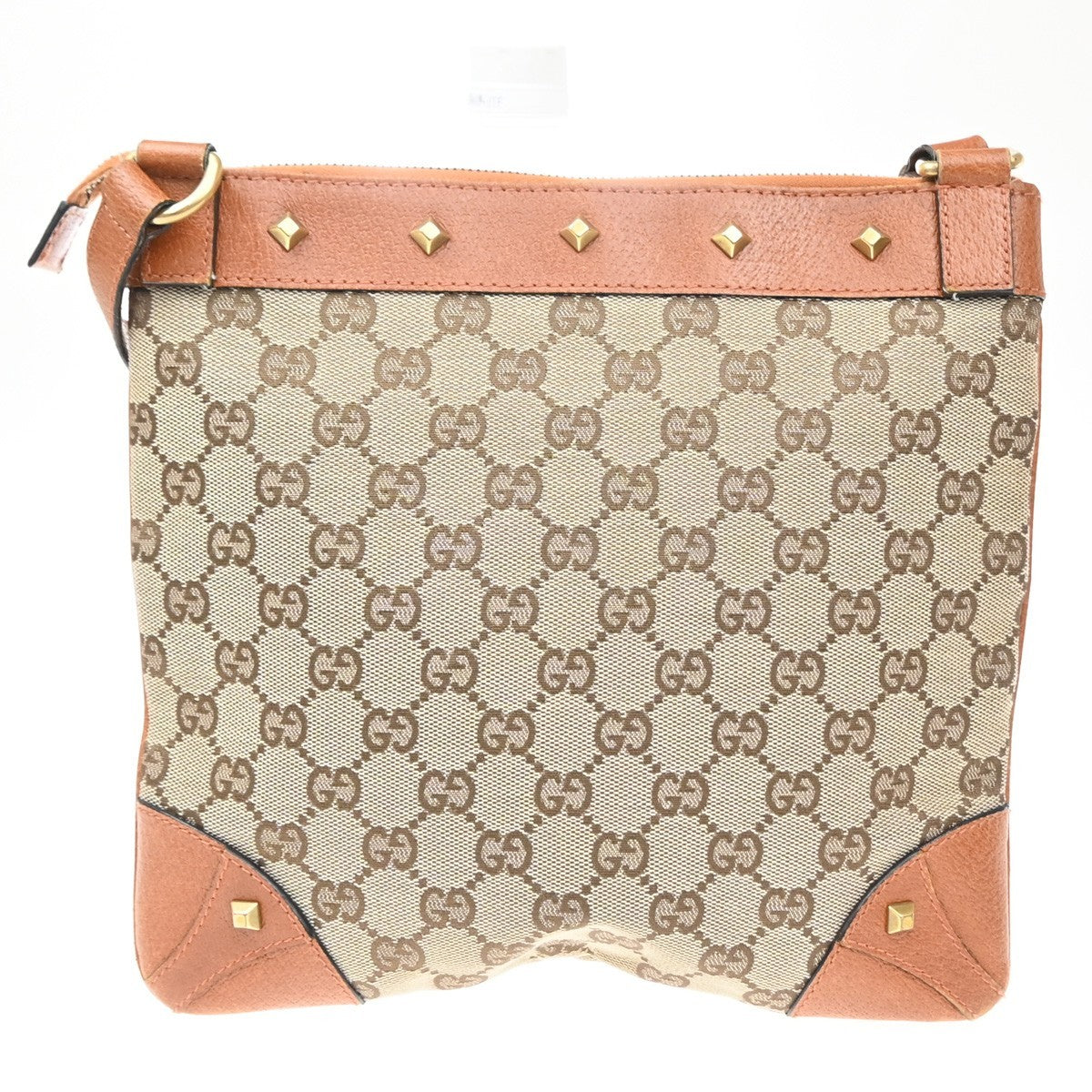GUCCI Nailhead GG Pattern Shoulder Bag Canvas Leather Brown Orange 70YJ155