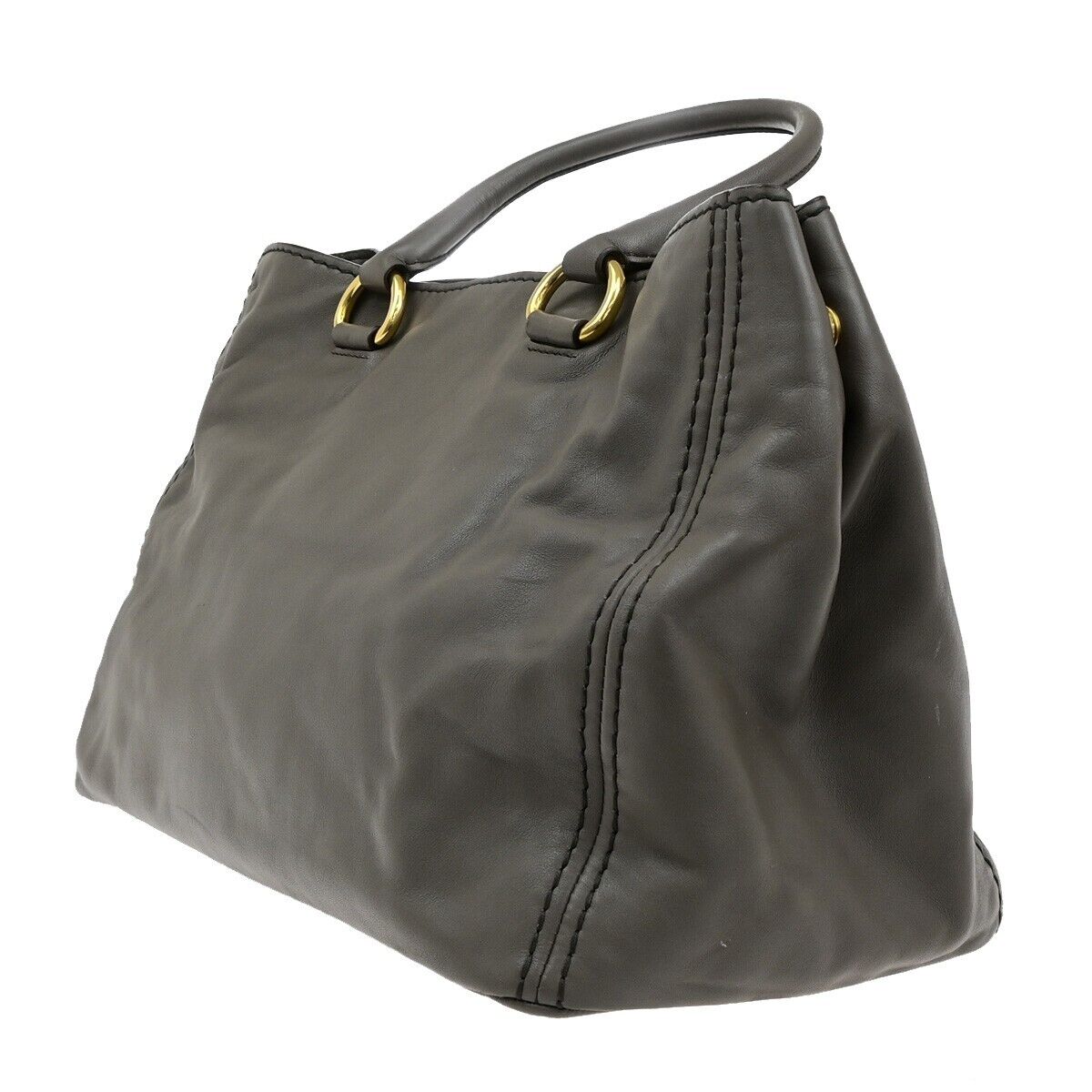 PRADA MILANO Logo Hand Tote Bag Leather Gray Gold-Plated 32FB528