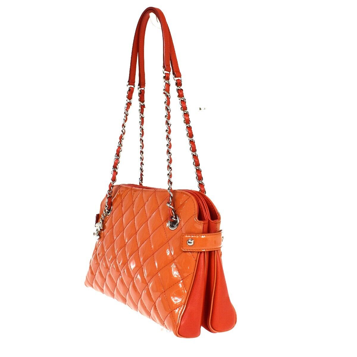 CHANEL CC Matelasse Chain Shoulder Bag Patent Leather Orange SHW 660RJ198