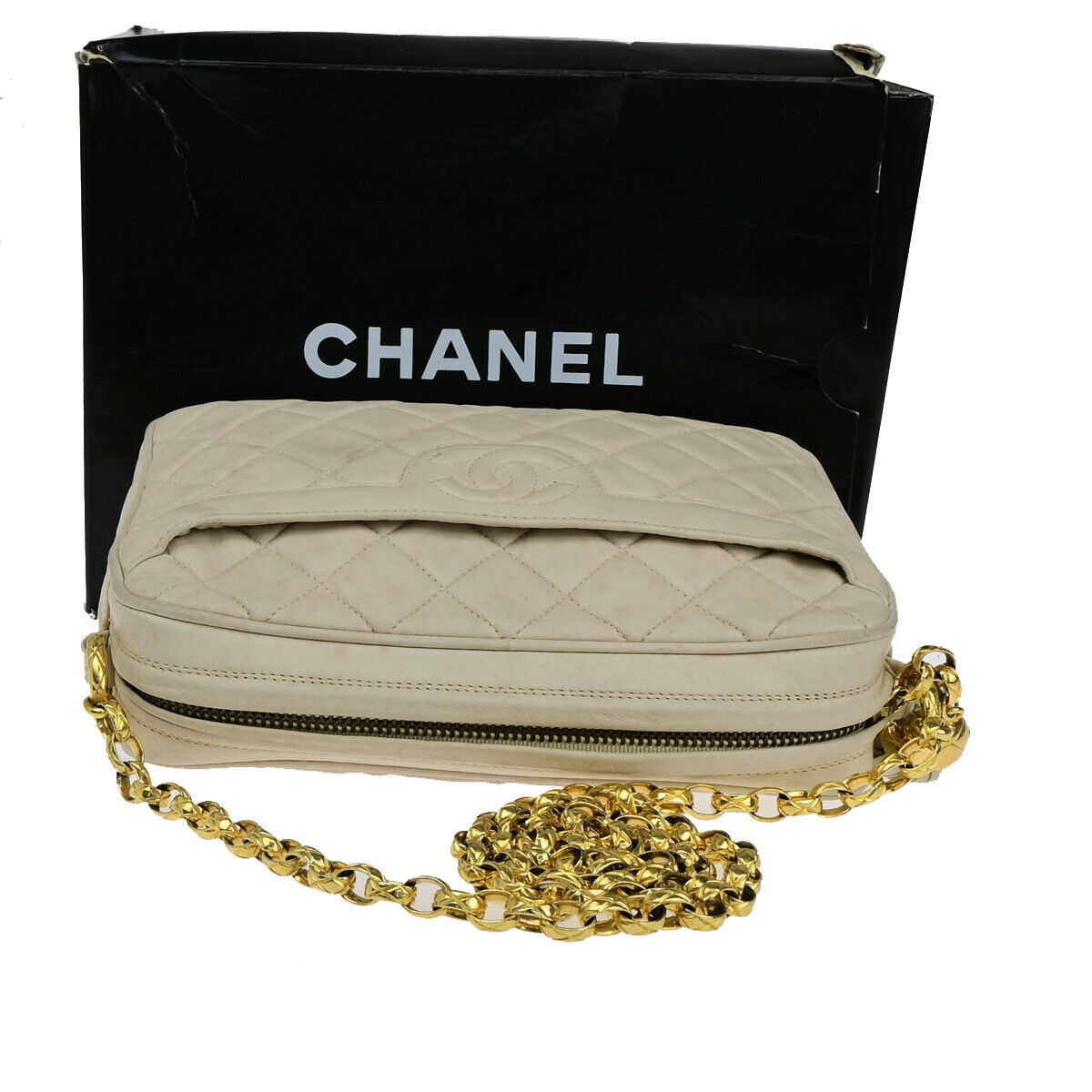 CHANEL CC Matelasse Tassel Chain Shoulder Bag Leather Ivory GHW Vintage 23RK412