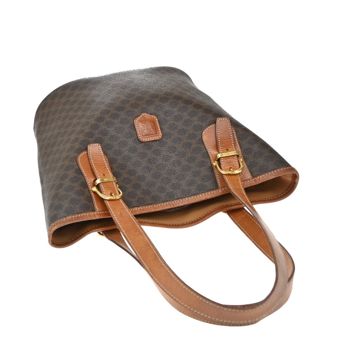 CELINE Logo Macadam Pattern Shoulder Tote Bag PVC Leather Brown GHW 67KP100