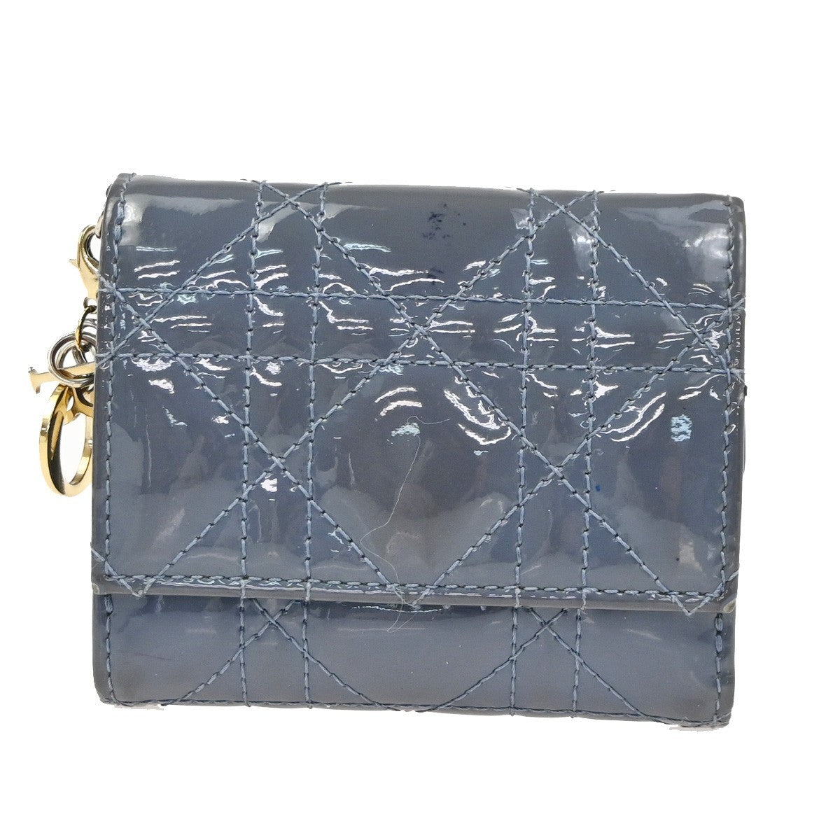 CHRISTIAN DIOR Cannage Mini Lady Dior Wallet Patent Leather Blue GHW 02KD081