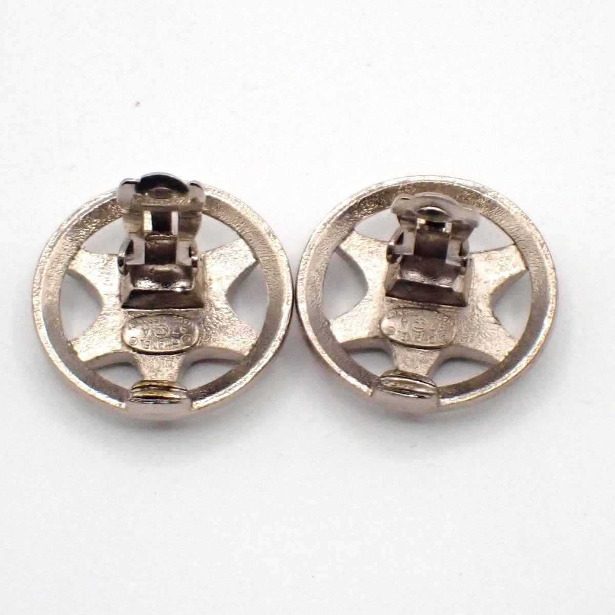 CHANEL Hexagram CC Logo Round Button Earrings 97A Clip-On Silver Vintage 31RL905