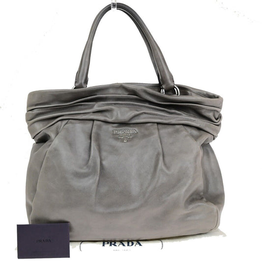 PRADA MILNO Logo Tote Hand Bag Leather Gray SHW Made in Italy 32EC337