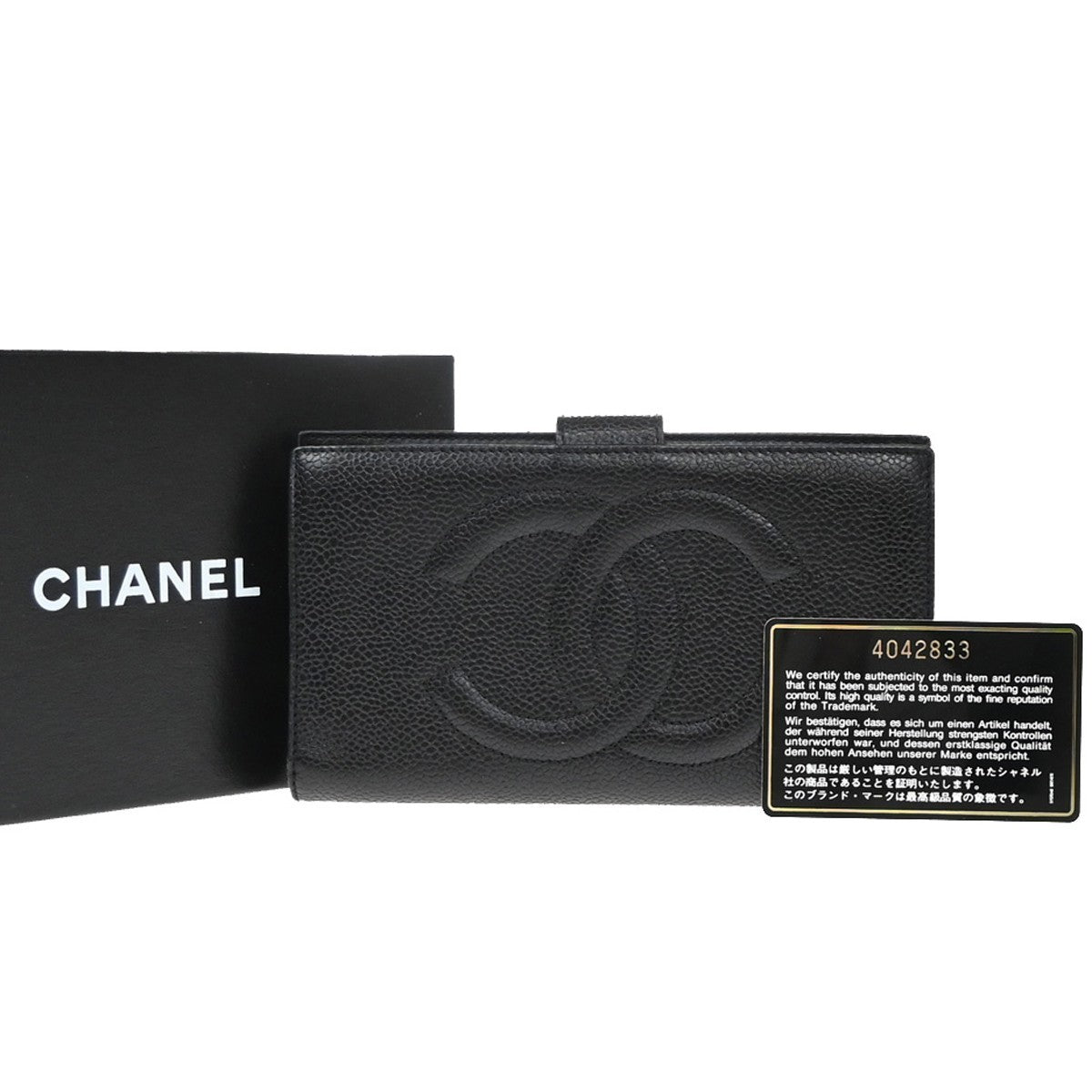 CHANEL CC Logo Long Bifold Wallet Grained Calfskin Leather Black Italy 87RF727