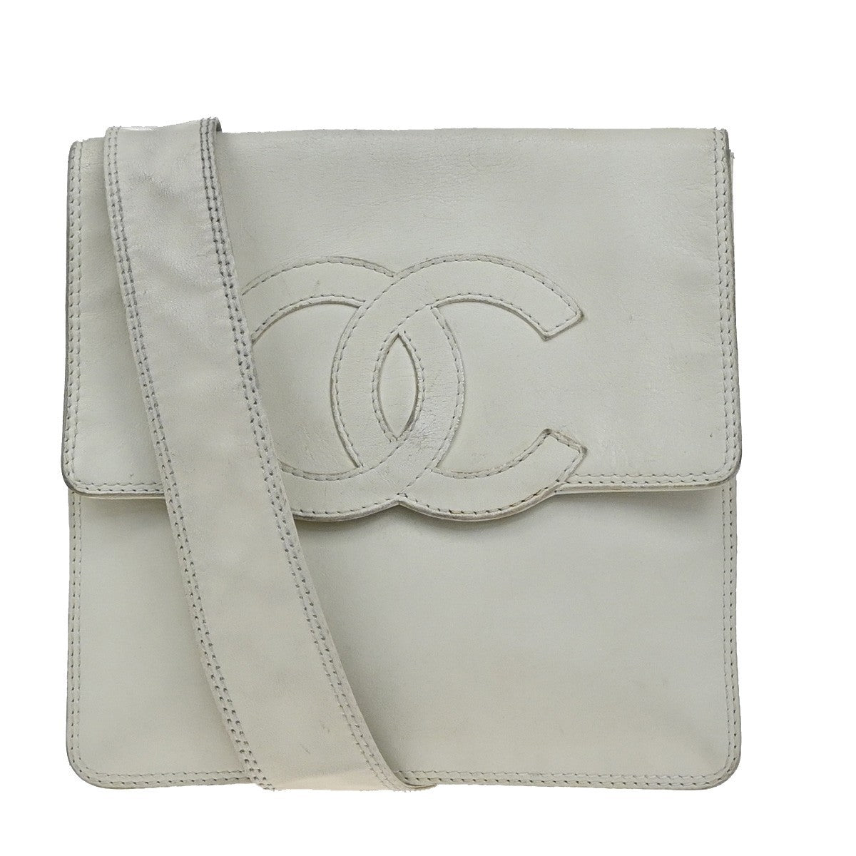 CHANEL CC Mini Crossbody Shoulder Bag Leather White Vintage 83RF757
