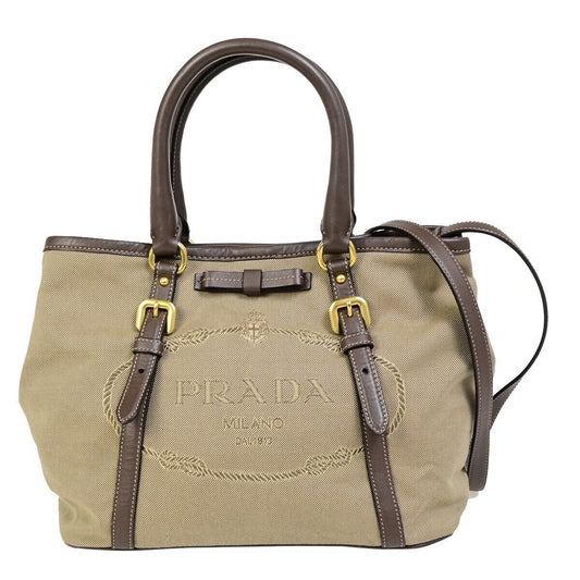 PRADA MILANO Logo Jacquard 2Way Shoulder Hand Bag Canvas Leather KI BN 76FB042