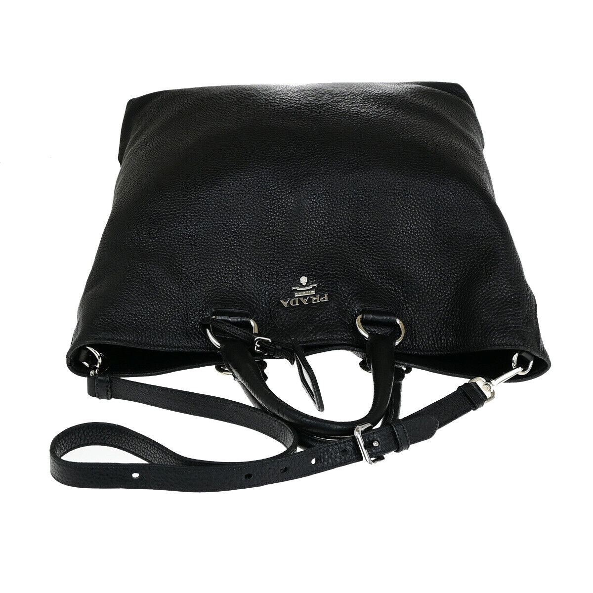 PRADA Logo 2Way Shoulder Hand Bag Vitello Daino Leather Black Nero SHW 12YG607