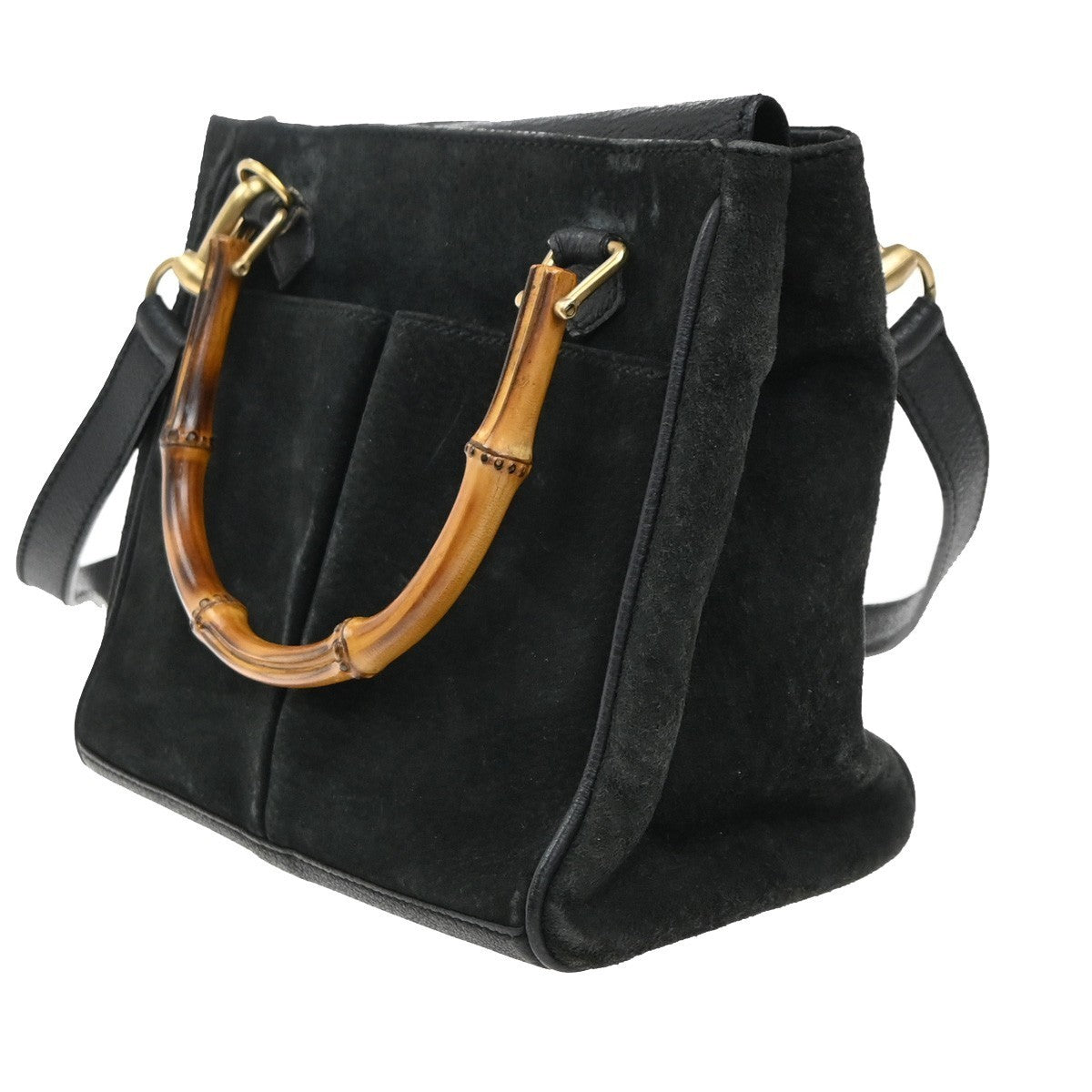GUCCI Logo Bamboo 2Way Shoulder Hand Bag Suede Leather Black GHW Italy 64KP435