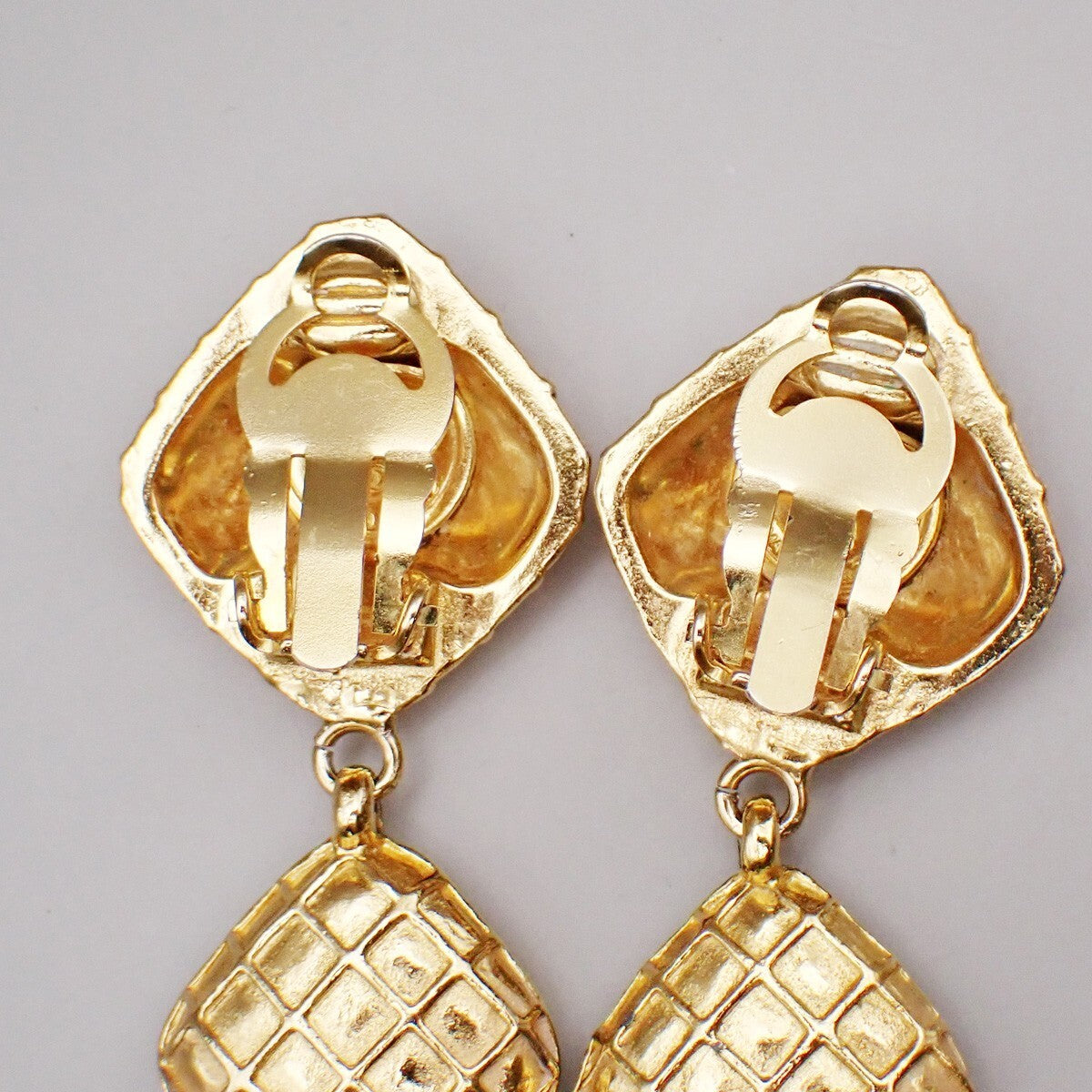 CHANEL Matelasse Diamond Shape Drop Earrings Rhinestone Clip-On Gold 73RL067