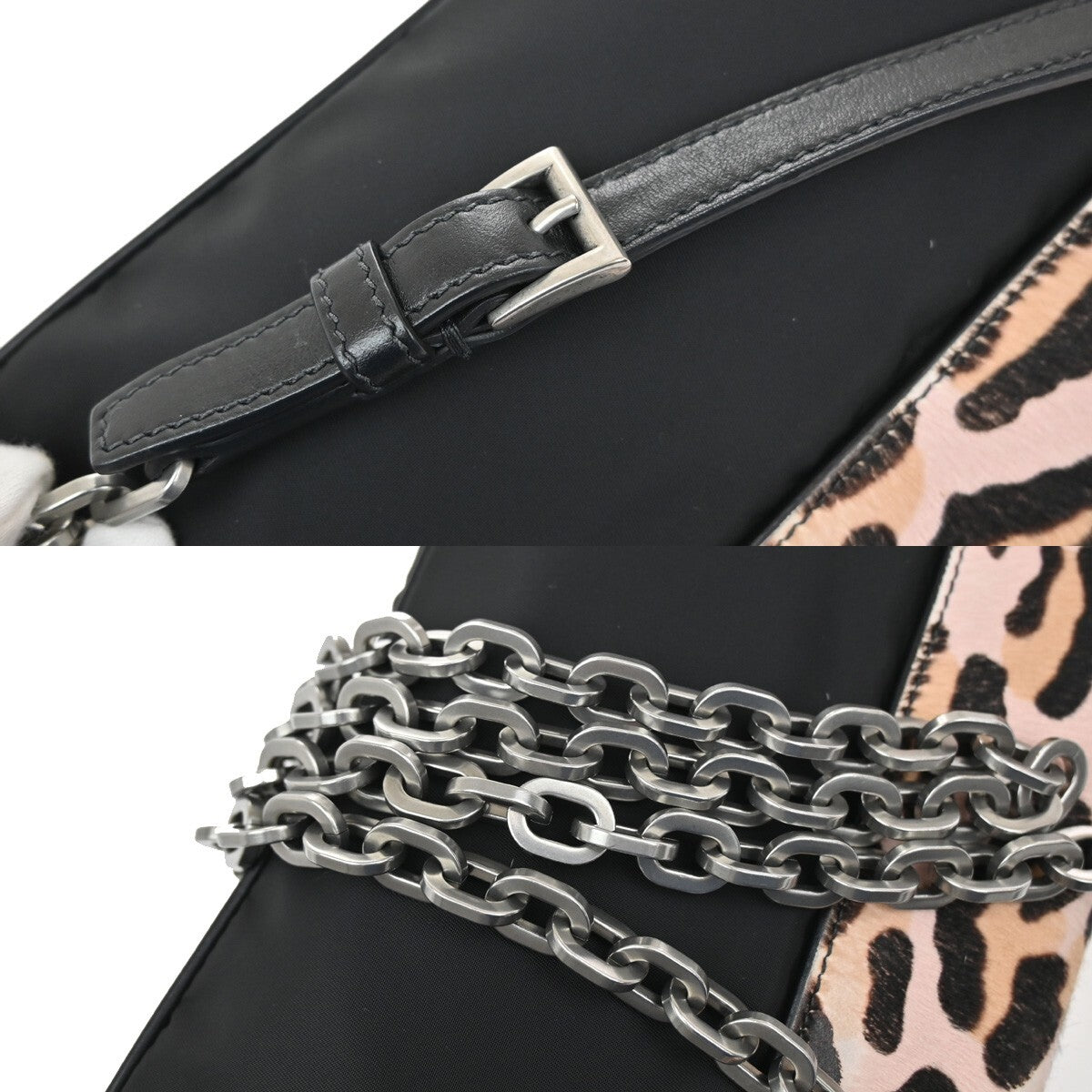 PRADA MILANO Leopard Chain Shoulder Bag Hair on Leather Nylon Black Pink 99KC004