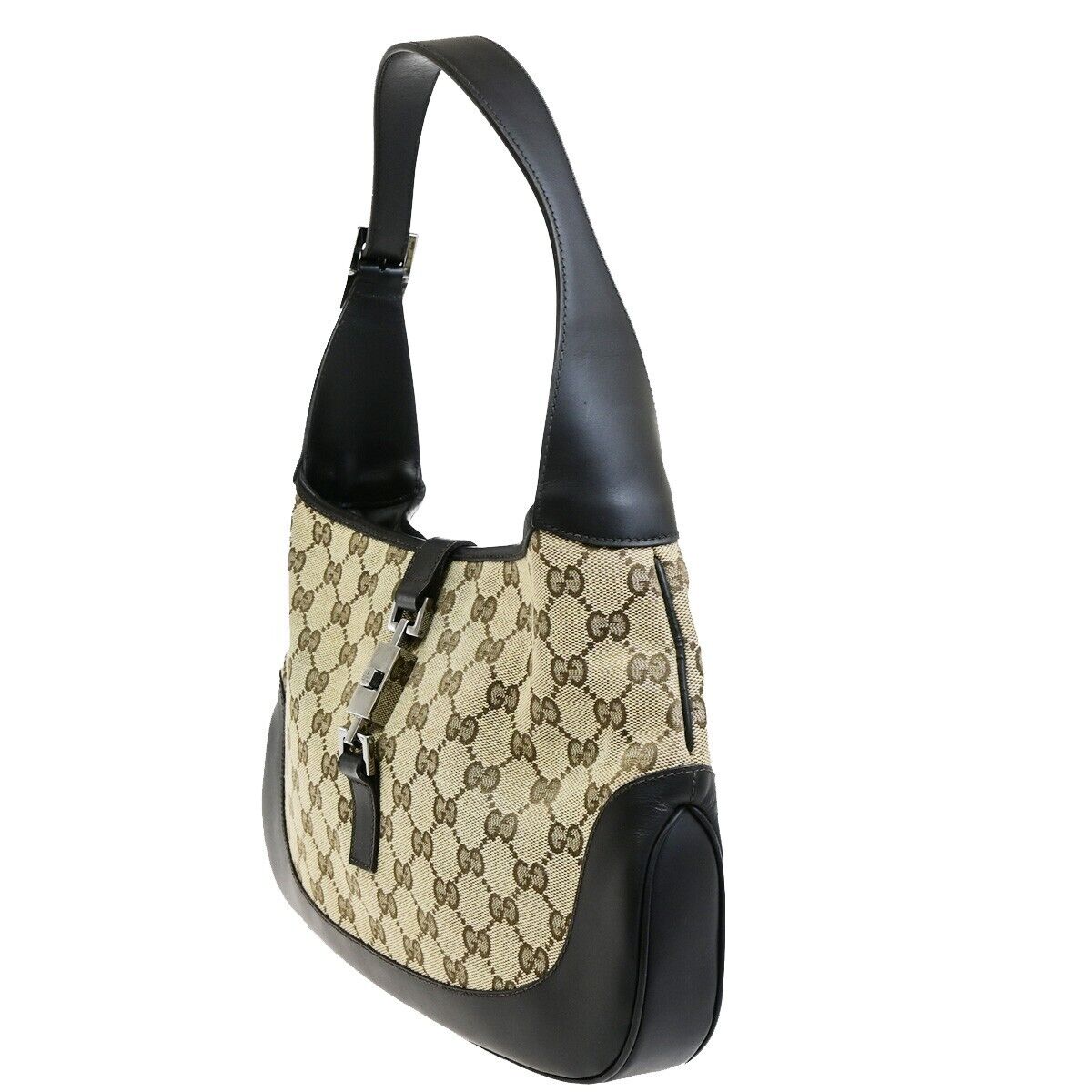 GUCCI GG Pattern Jackie Shoulder Bag Canvas Leather Brown Silver Italy 87FB348