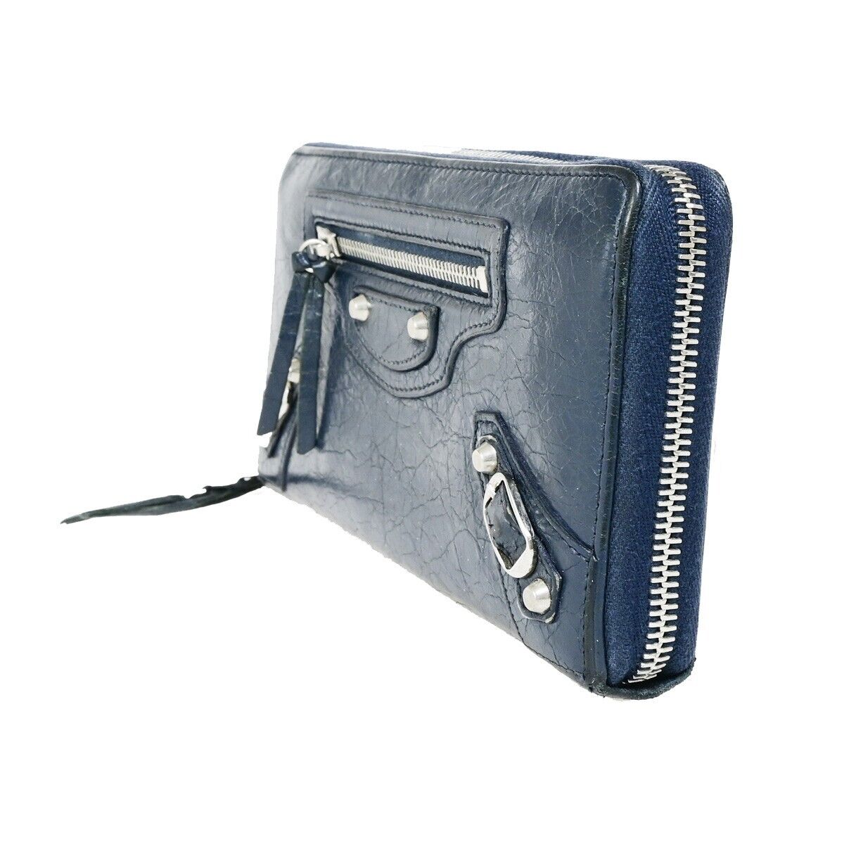 BALENCIAGA Logo Continental Zip Around Long Wallet Purse Leather Navy 09FB095