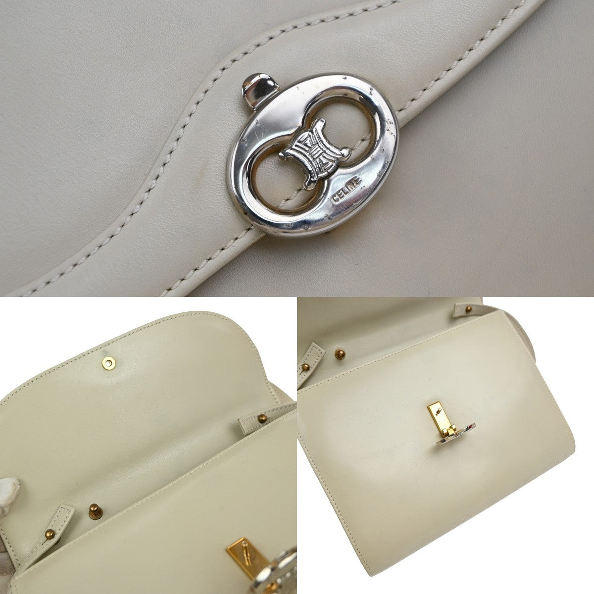 CELINE Logo 2Way Shoulder Clutch Bag Leather White GHW Italy 65KP568