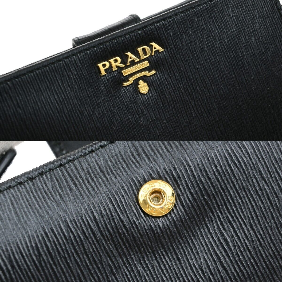 PRADA Logo Bifold Wallet Purse Leather Black Gold GHW Italy 60YG988