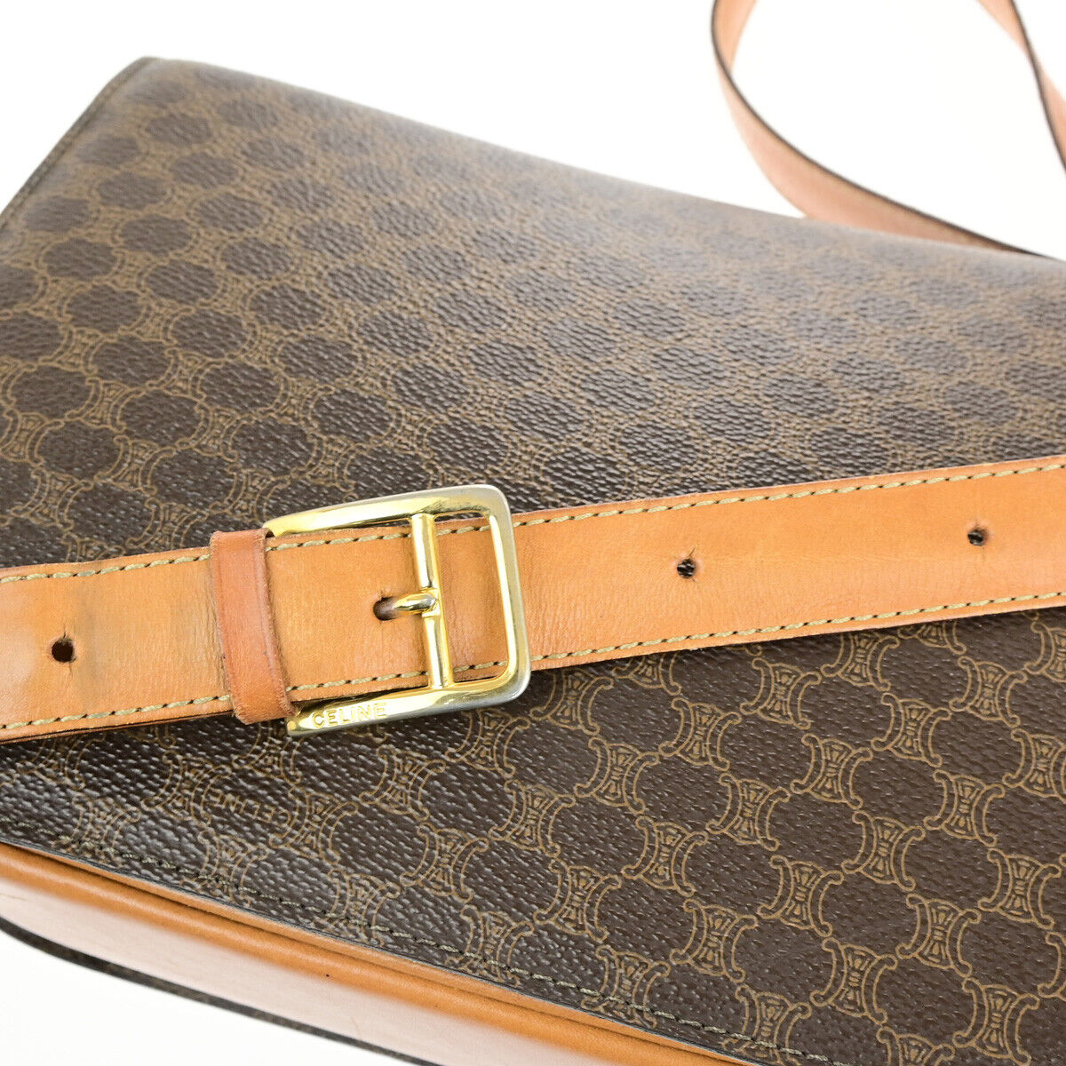 CELINE Macadam Pattern Horse Carriage Shoulder Bag PVC Leather Brown GHW 98YG603