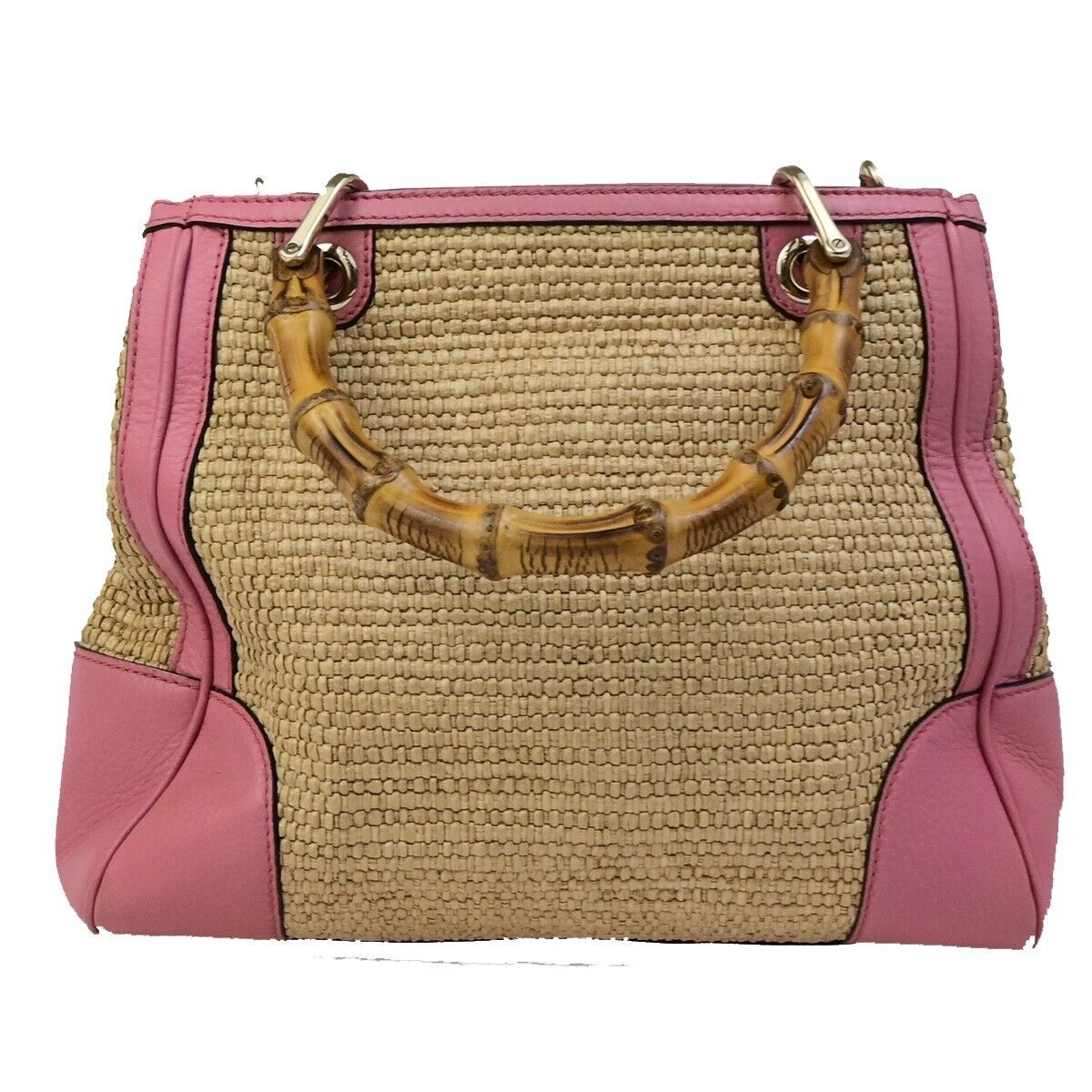 GUCCI Bamboo Shopper 2Way Shoulder Hand Bag Raffia Leather Pink Brown 84ED384