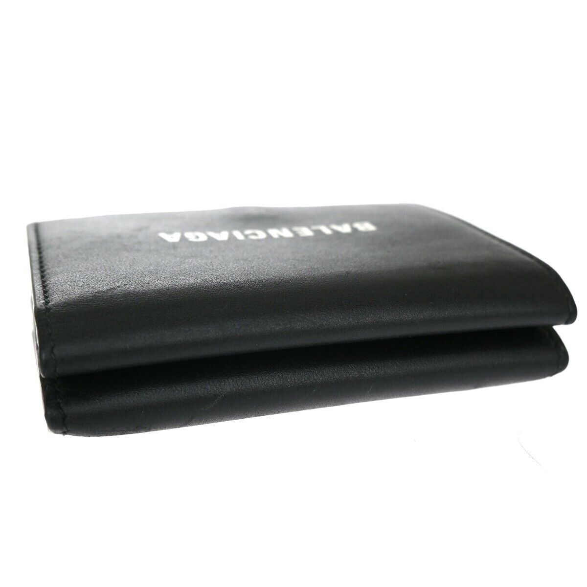 BALENCIAGA Logo Everyday Mini Trifold Wallet Purse Leather Black Italy 64EA106