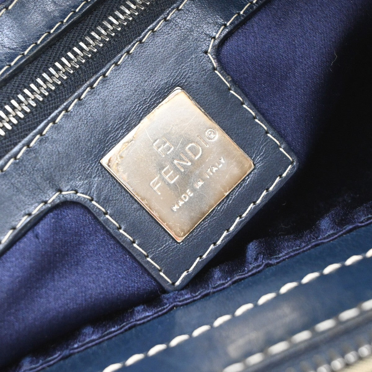 FENDI Logo Zucchino Pattern Shoulder Bag Canvas Leather Navy Blue Silver 70EE283
