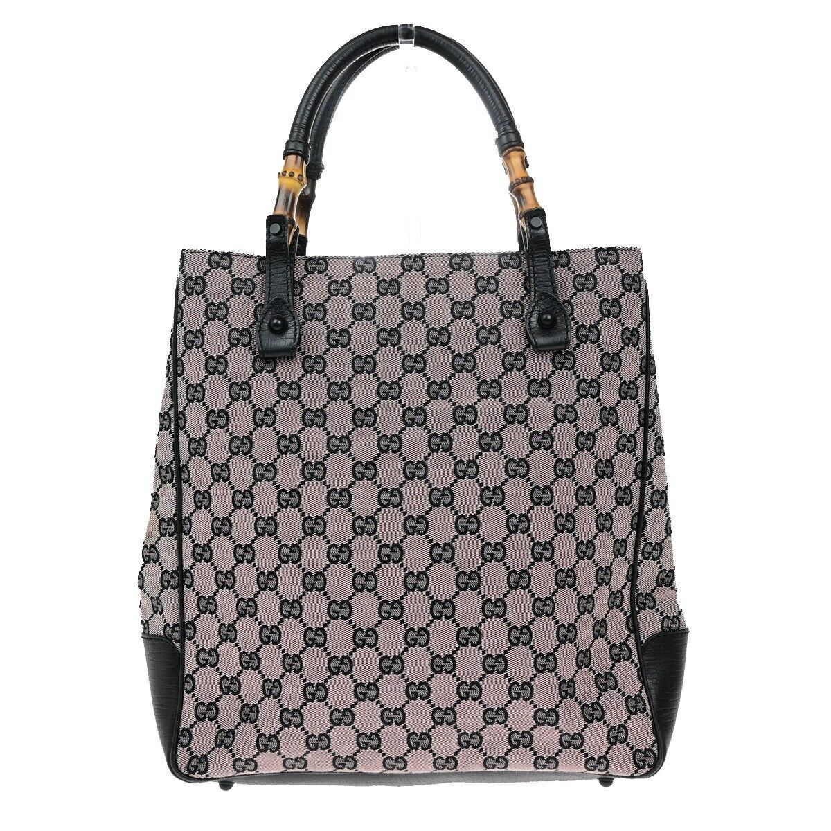GUCCI Logo Bamboo GG Pattern Shoulder Bag Canvas Leather Pink Black 36EE063