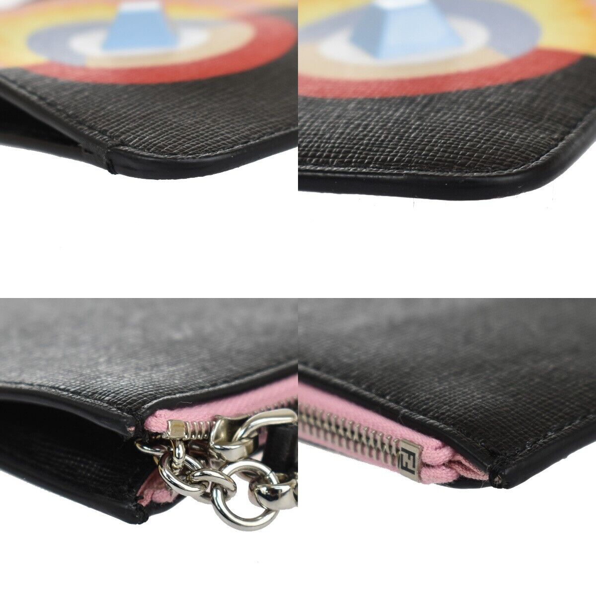 FENDI BAG BUGS Monster Coin Wallet Key Clip Leather Black Pink Silver 66YD090