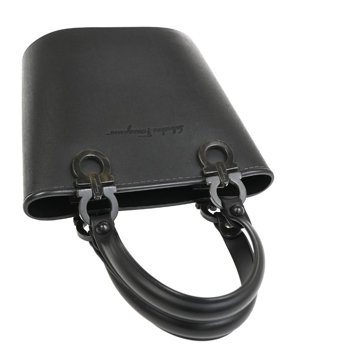 SALVATORE FERRAGAMO Gancini Mini Hand Bag Rubber Leather Black SHW 76TA619