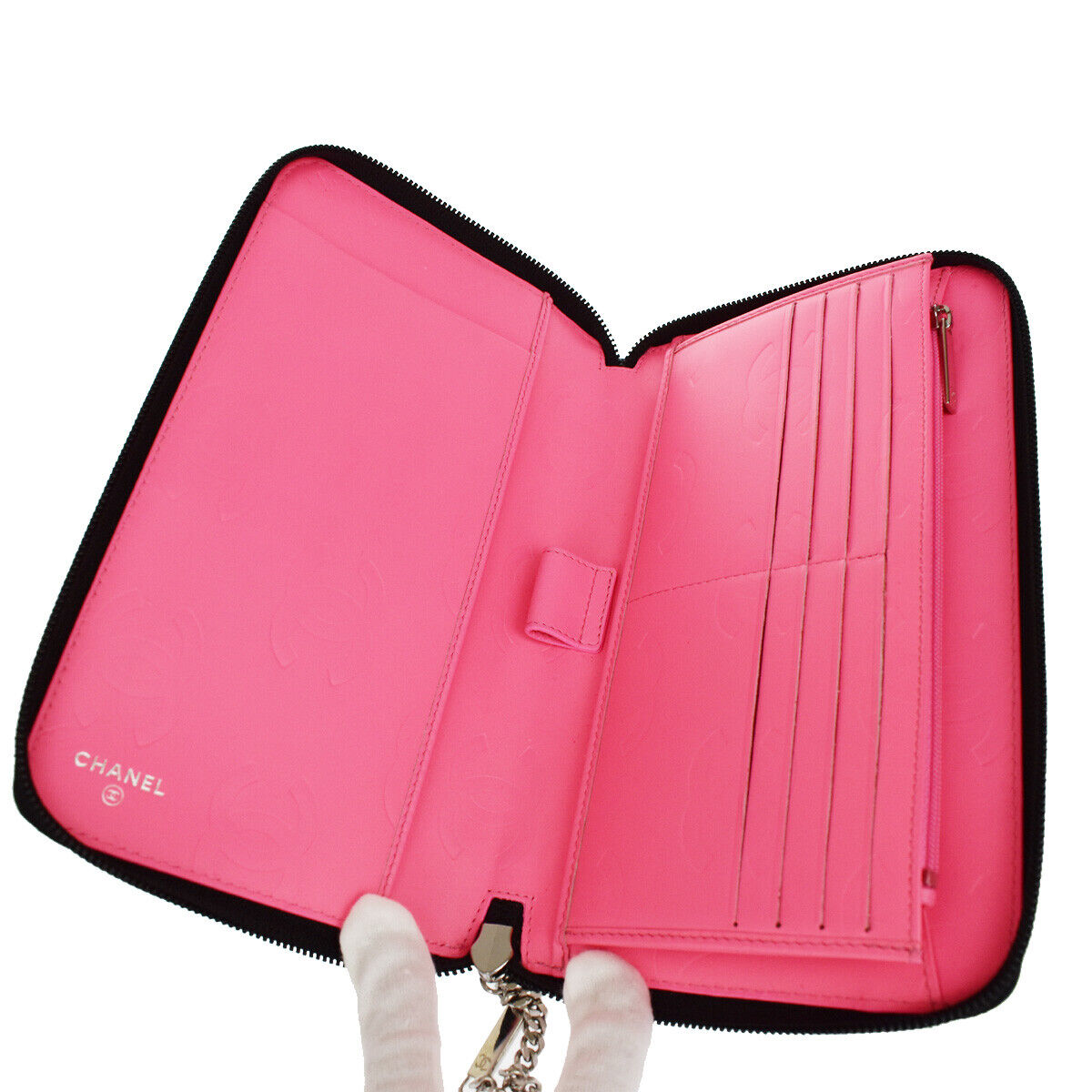 CHANEL CC Logo Cambon Long Bifold Wallet Leather Black Pink Italy 96RH498