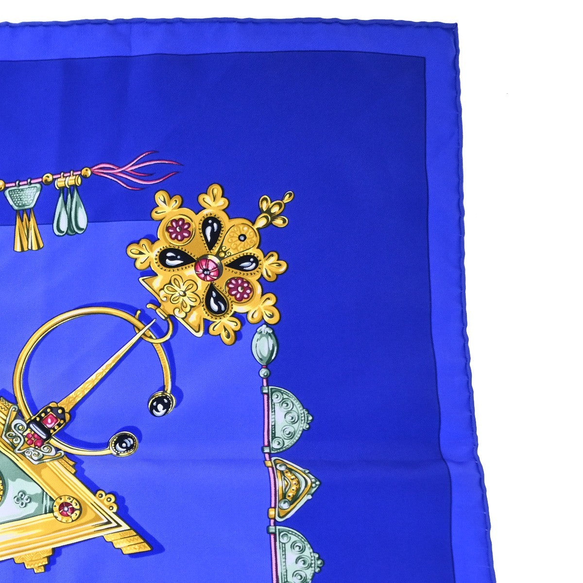 HERMES Logo Carre Scarf 90  " PARURES DES SABLES" 100% Silk Blue France 38YJ114