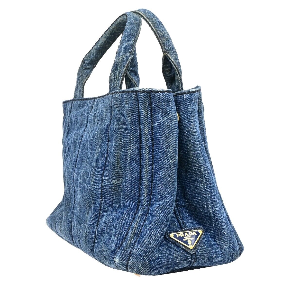 PRADA Logo Canapa Hand Tote Bag Denim Leather Blue GHW 39EB670