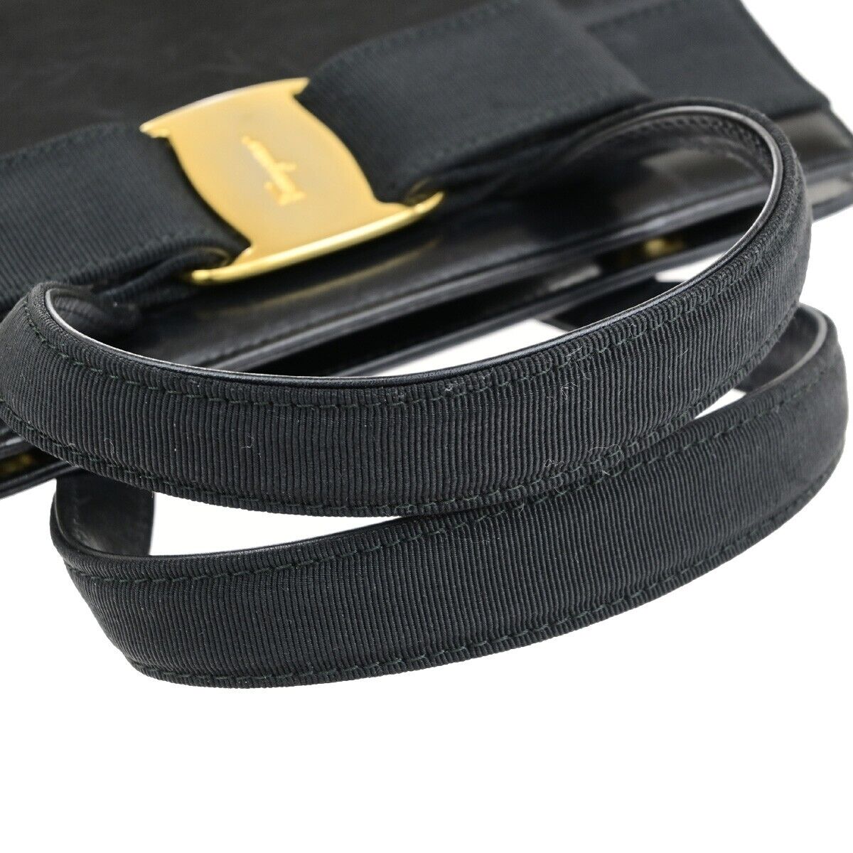 SALVATORE FERRAGAMO Logo Vara Hand Bag Canvas Leather Black Gold Italy 62EC294